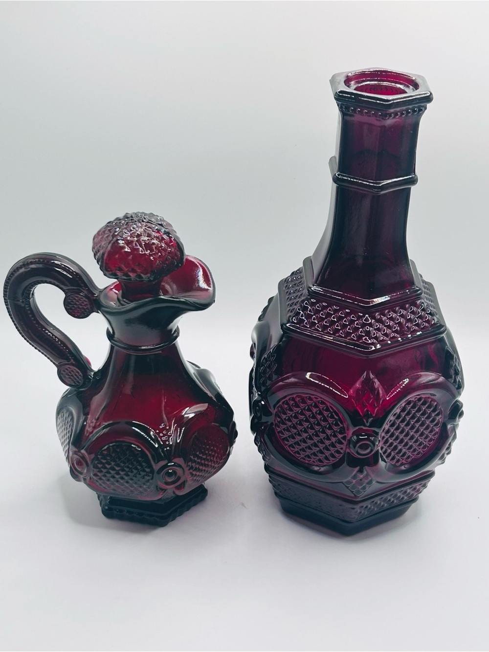 Vintage Avon 1876 Cape Cod Ruby Red Glass Decanter & Cruet Set | Pressed Glass